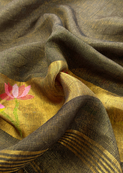 Army Green Pure Linen Suit Fabric With Gold Zari Lotus Needle Jamdani Weaving Handmade On Loom