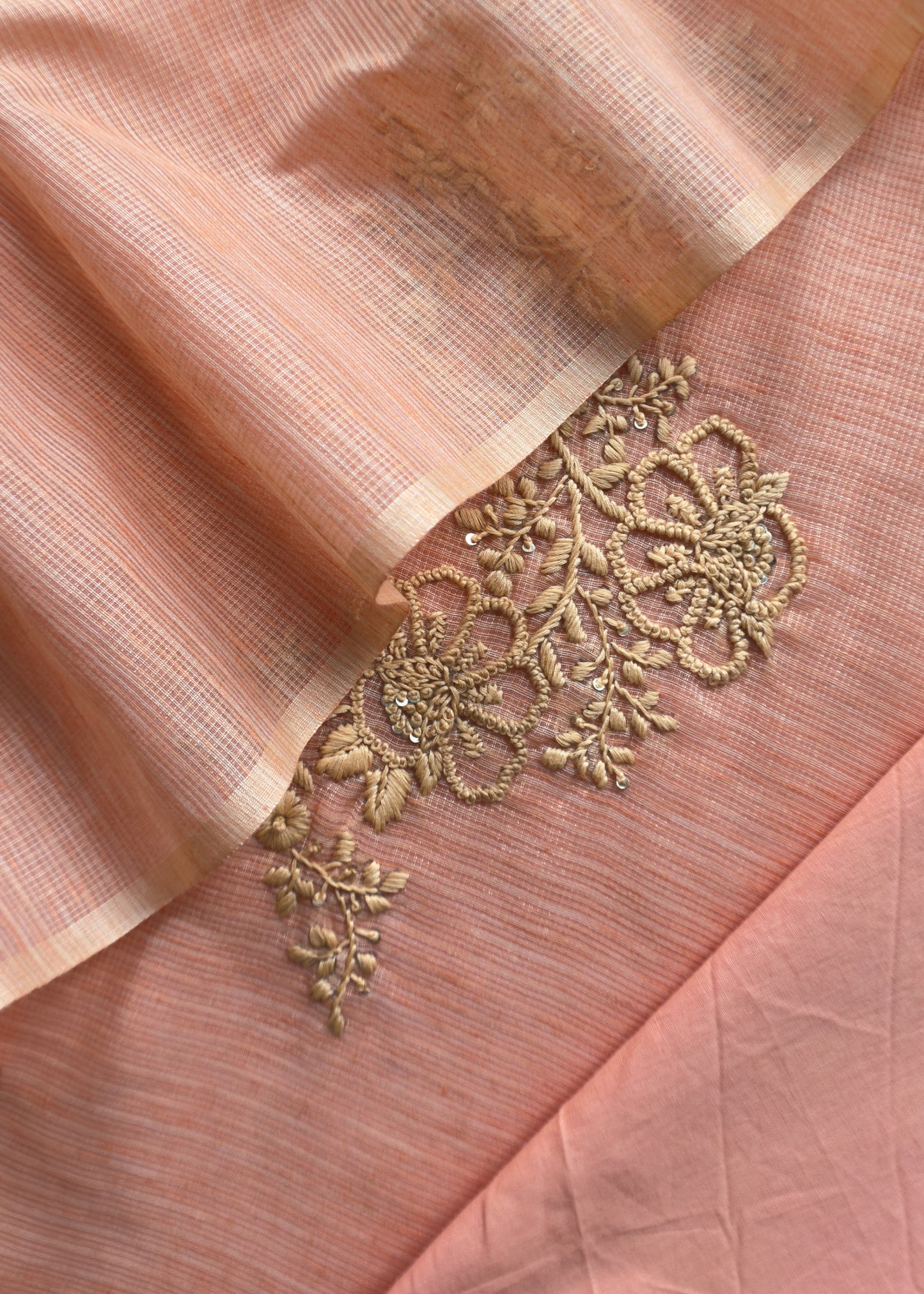 Peach Pink French Knot Hand Embroidered Kota Doria Summer Suit Set