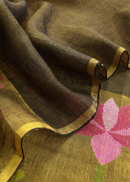 Army Green Pure Linen Suit Fabric With Gold Zari Lotus Needle Jamdani Weaving Handmade On Loom