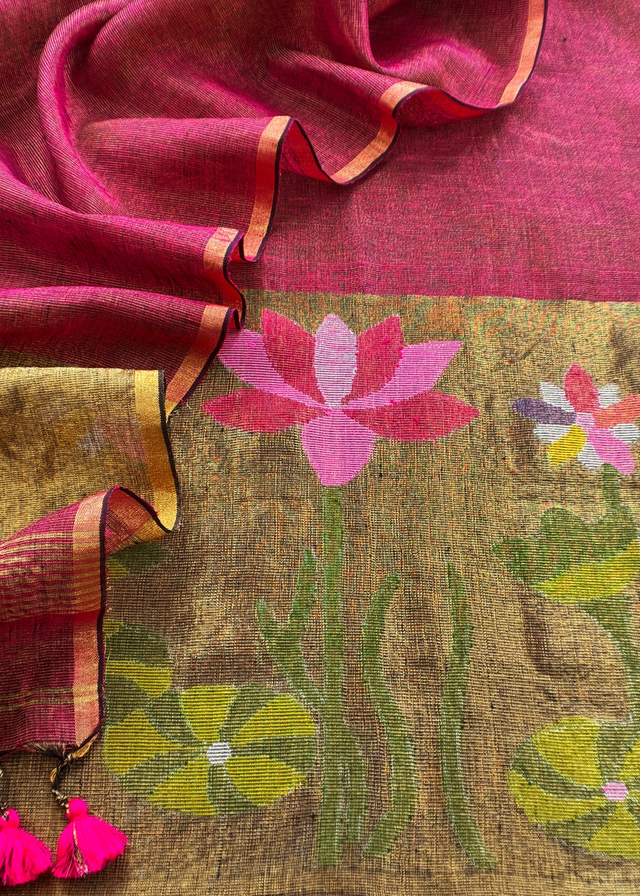 Deep Maroon Pure Linen Suit Fabric With Gold Zari Lotus Needle Jamdani Weaving Handmade On Loom