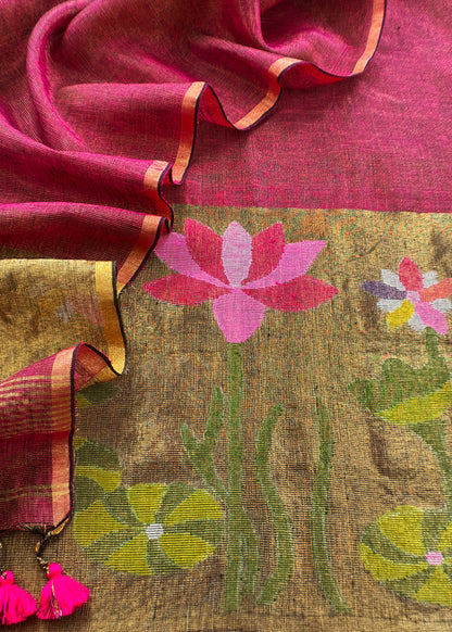 Deep Maroon Pure Linen Suit Fabric With Gold Zari Lotus Needle Jamdani Weaving Handmade On Loom