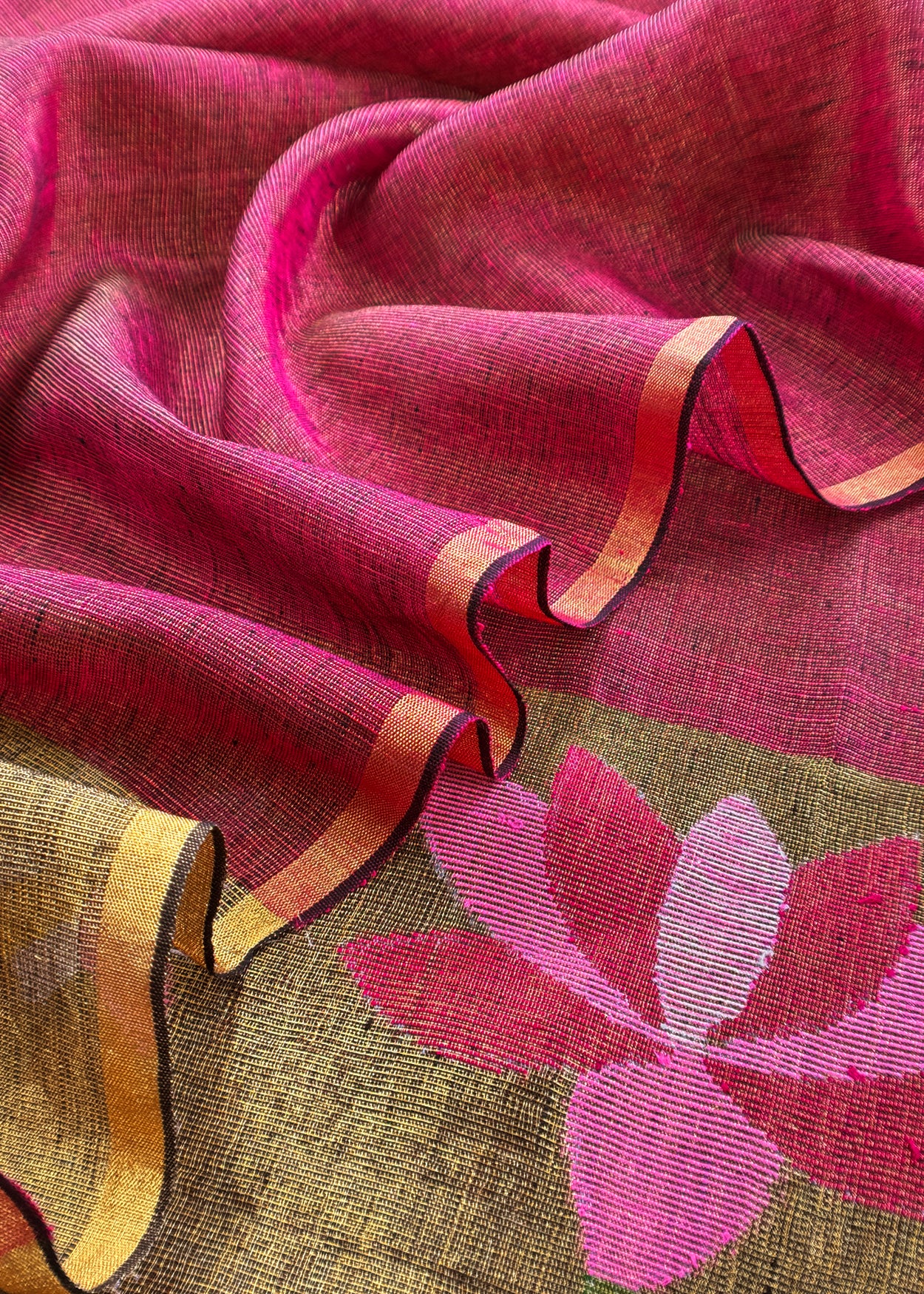 Deep Maroon Pure Linen Suit Fabric With Gold Zari Lotus Needle Jamdani Weaving Handmade On Loom