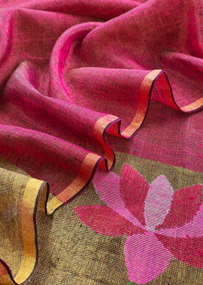 Deep Maroon Pure Linen Suit Fabric With Gold Zari Lotus Needle Jamdani Weaving Handmade On Loom
