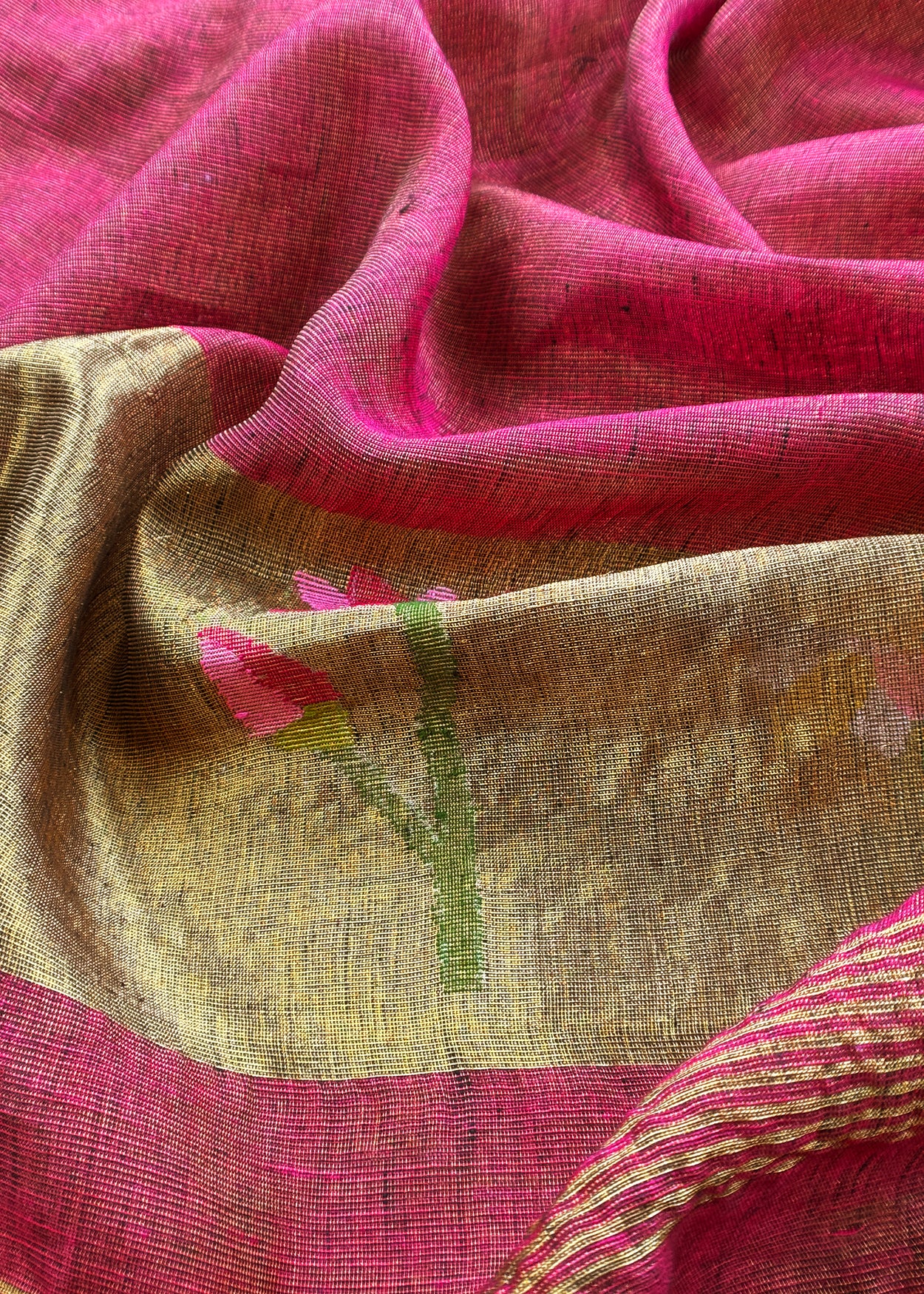 Deep Maroon Pure Linen Suit Fabric With Gold Zari Lotus Needle Jamdani Weaving Handmade On Loom