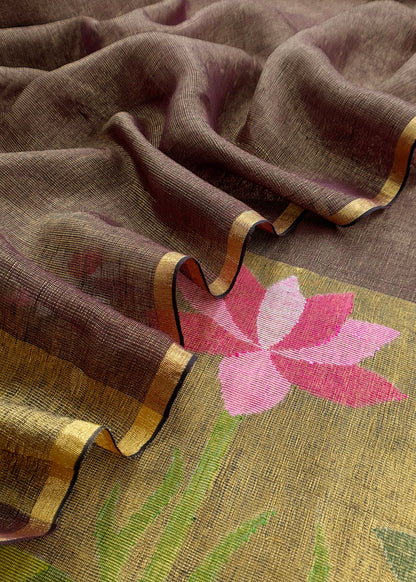 Coffee Brown Pure Linen Suit Fabric With Gold Zari Lotus Needle Jamdani Weaving Handmade On Loom