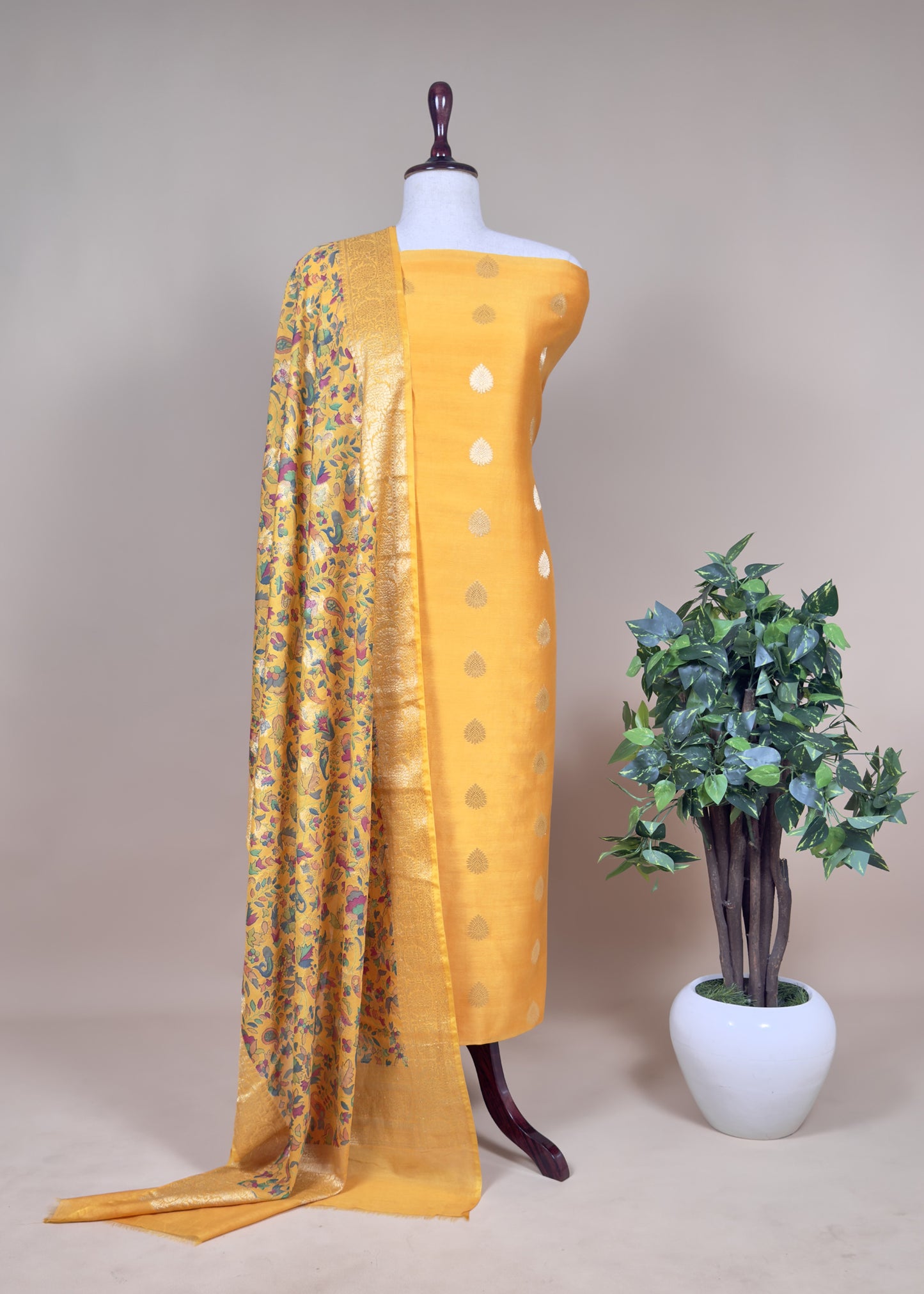 Yellow Banarasi Suit With Kalamkari Dupatta