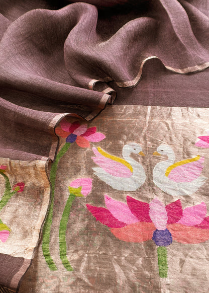 Coffee Brown Pure Linen Suit Fabric With Gold Zari Swan Needle Jamdani Weaving Handmade On Loom