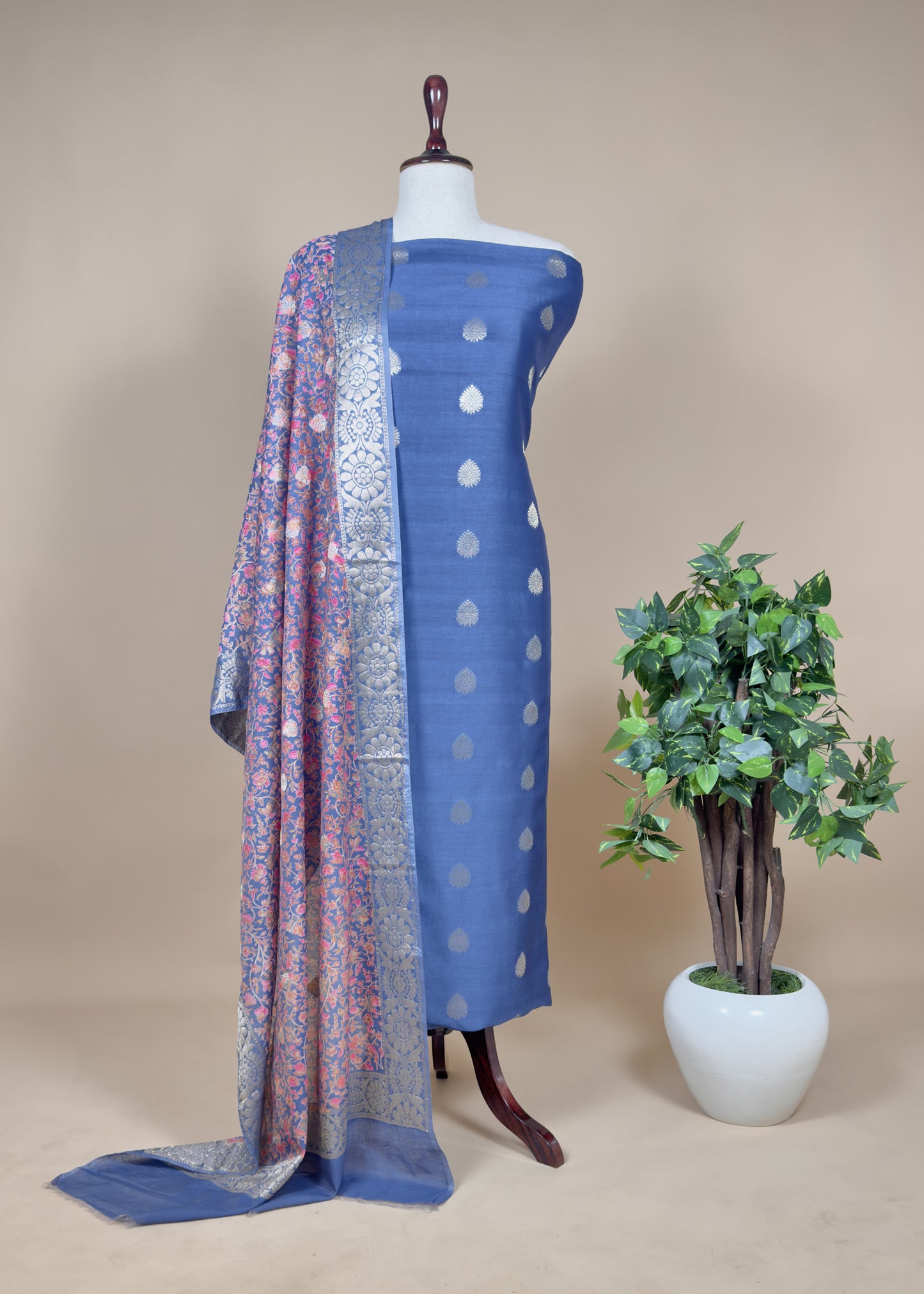 Blue Banarasi Suit With Kalamkari Dupatta