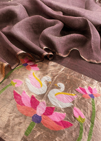Coffee Brown Pure Linen Suit Fabric With Gold Zari Swan Needle Jamdani Weaving Handmade On Loom