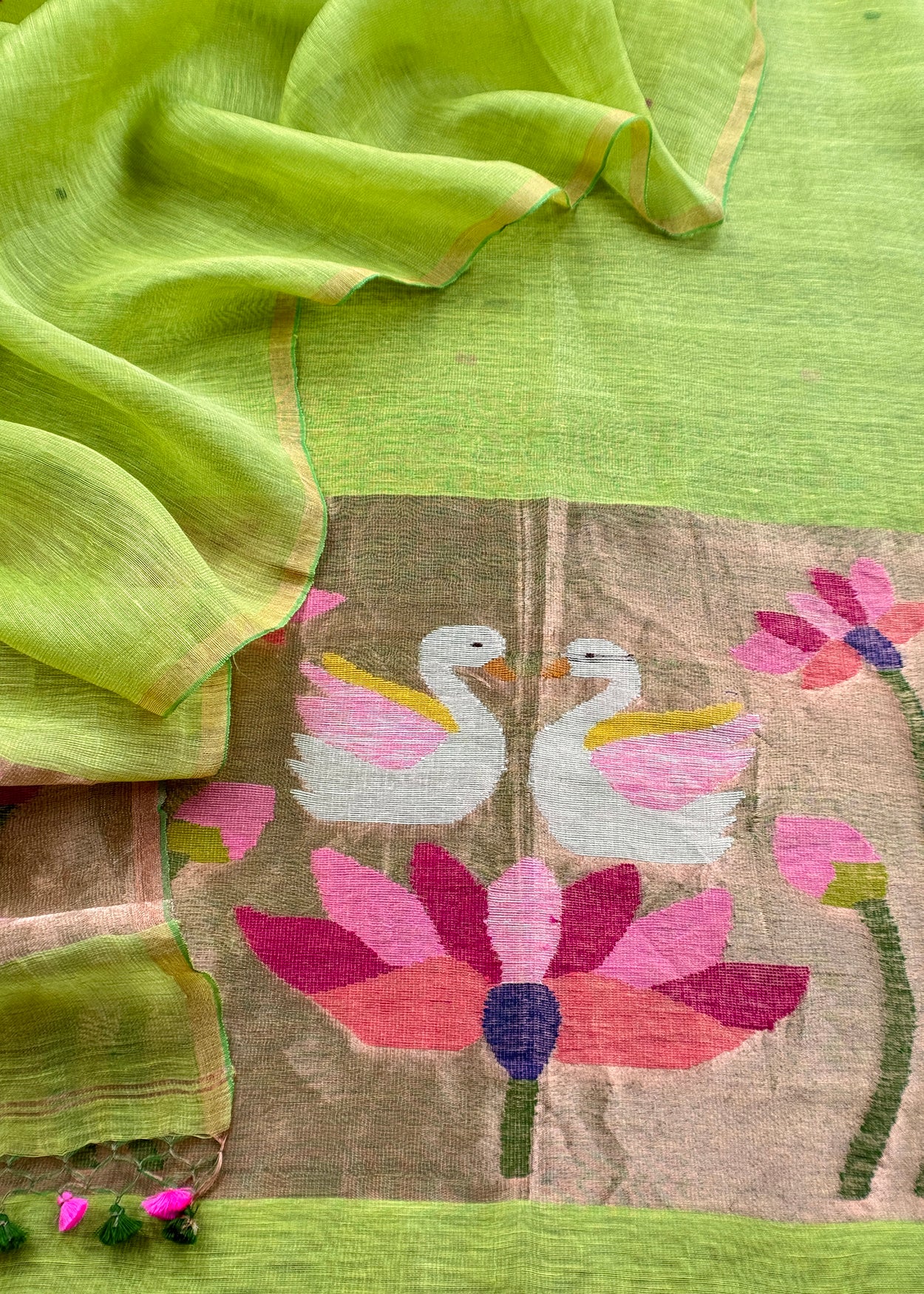 Parrot Green Pure Linen Suit Fabric With Gold Zari Swan Needle Jamdani Weaving Handmade On Loom