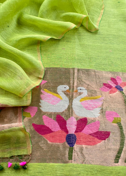 Parrot Green Pure Linen Suit Fabric With Gold Zari Swan Needle Jamdani Weaving Handmade On Loom