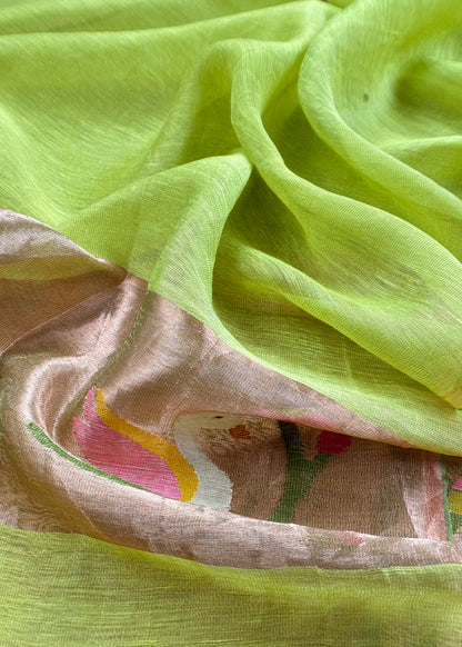 Parrot Green Pure Linen Suit Fabric With Gold Zari Swan Needle Jamdani Weaving Handmade On Loom