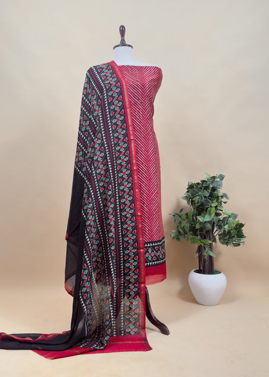 Red Leheriya Maheshwari Silk Unstitched Suit With Patola Dupatta