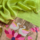 Parrot Green Pure Linen Suit Fabric With Gold Zari Swan Needle Jamdani Weaving Handmade On Loom