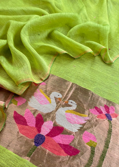 Parrot Green Pure Linen Suit Fabric With Gold Zari Swan Needle Jamdani Weaving Handmade On Loom