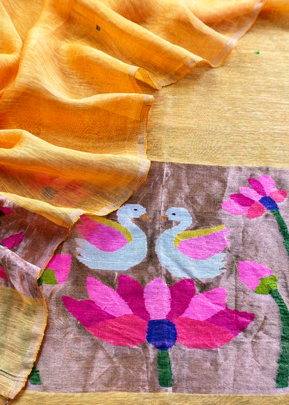 Mango Yellow Pure Linen Suit Fabric With Gold Zari Swan Needle Jamdani Weaving Handmade On Loom