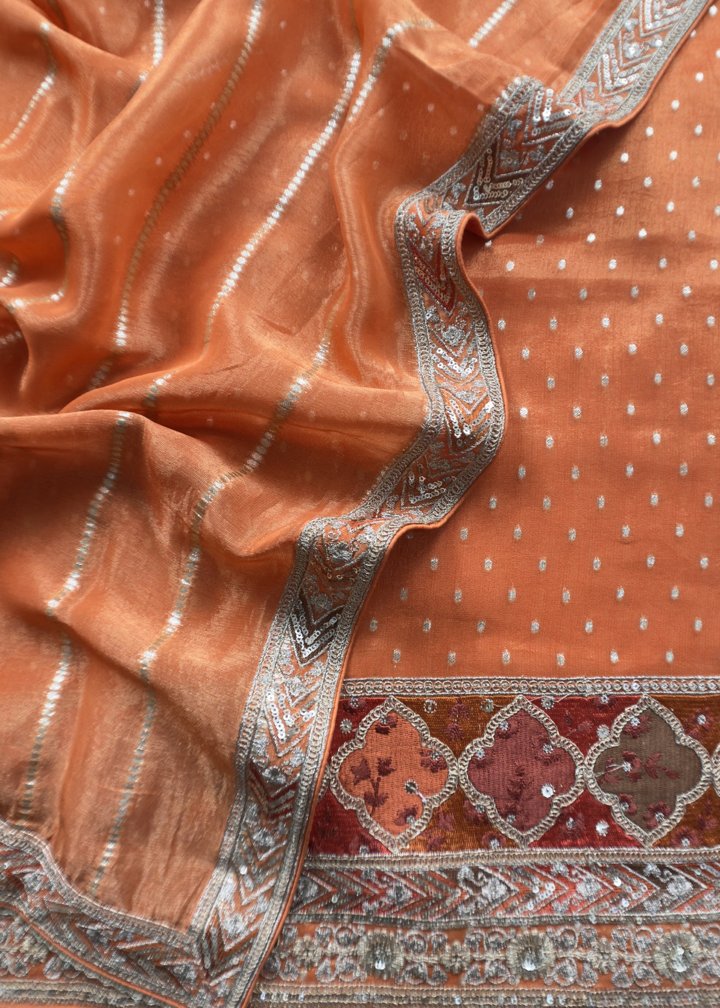 Mettalic Orange Embroidered Tissue Silk Suit