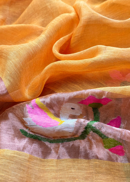 Mango Yellow Pure Linen Suit Fabric With Gold Zari Swan Needle Jamdani Weaving Handmade On Loom