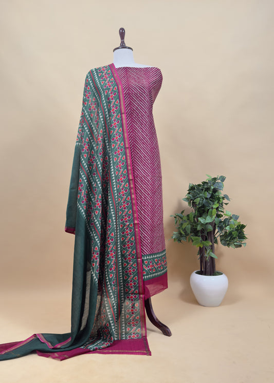 Pink Leheriya Maheshwari Silk Unstitched Suit With Patola Dupatta