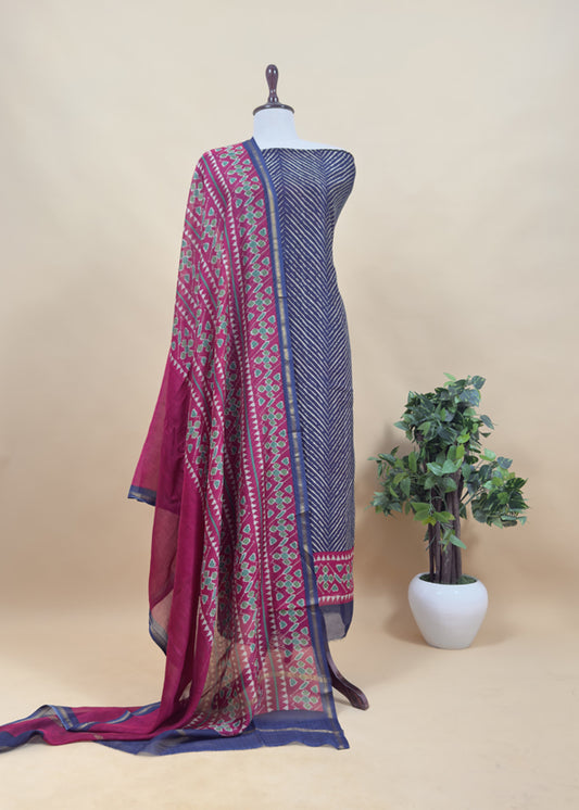 Blue Leheriya Maheshwari Silk Unstitched Suit With Patola Dupatta