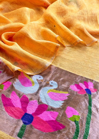 Mango Yellow Pure Linen Suit Fabric With Gold Zari Swan Needle Jamdani Weaving Handmade On Loom