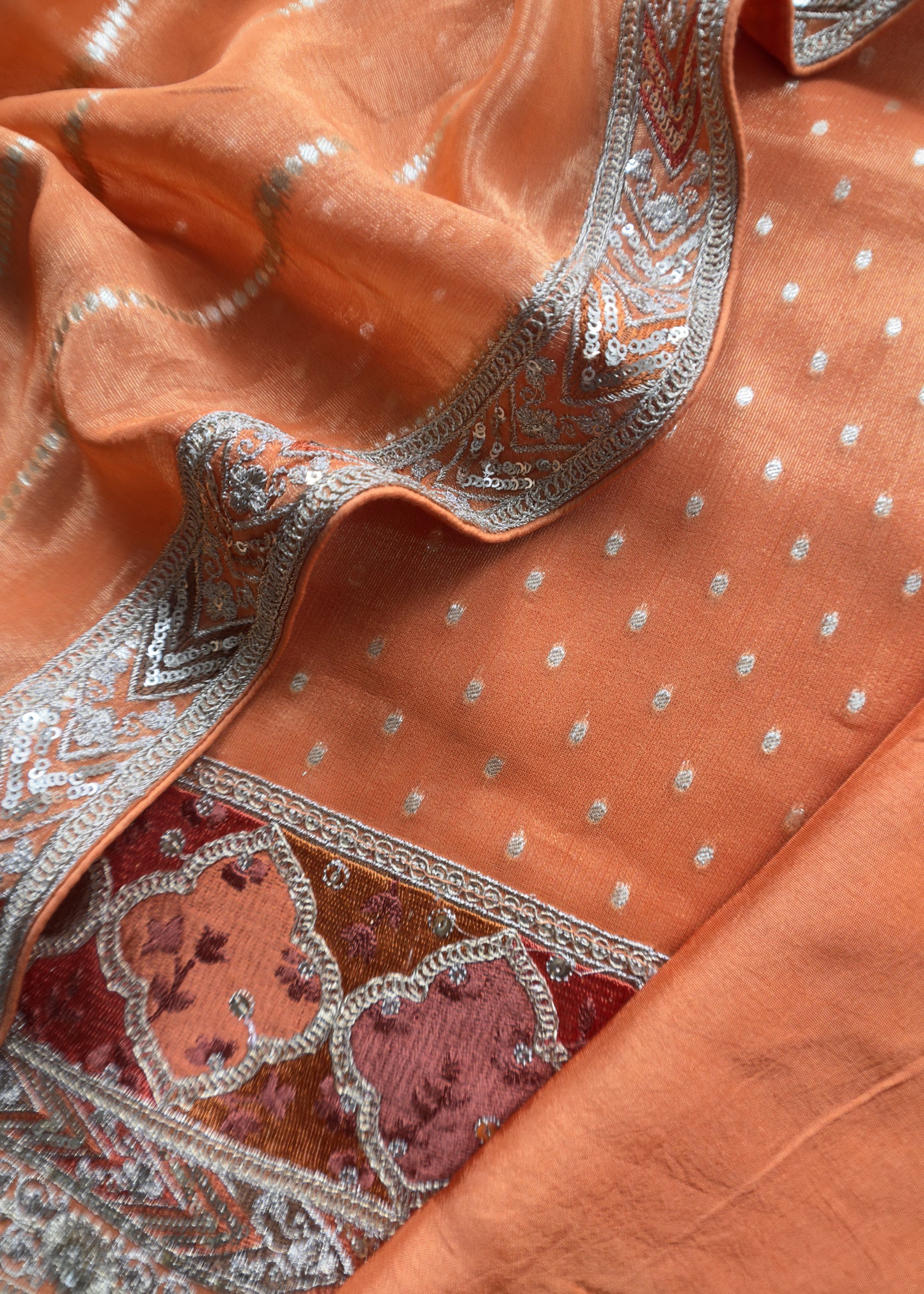 Mettalic Orange Embroidered Tissue Silk Suit