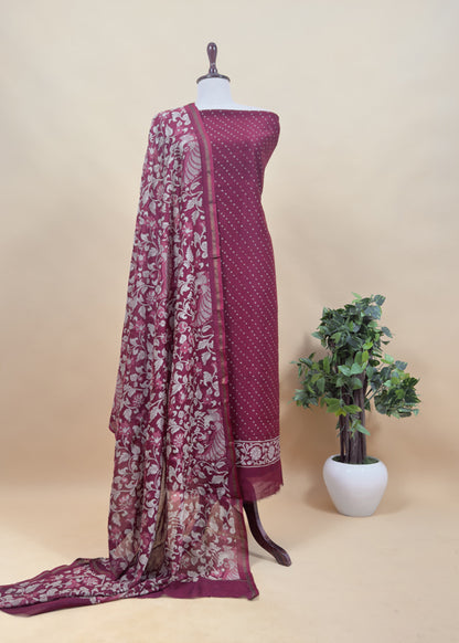 Maroon Bandhani Suit In Maheshwari With Kalamkari Dupatta