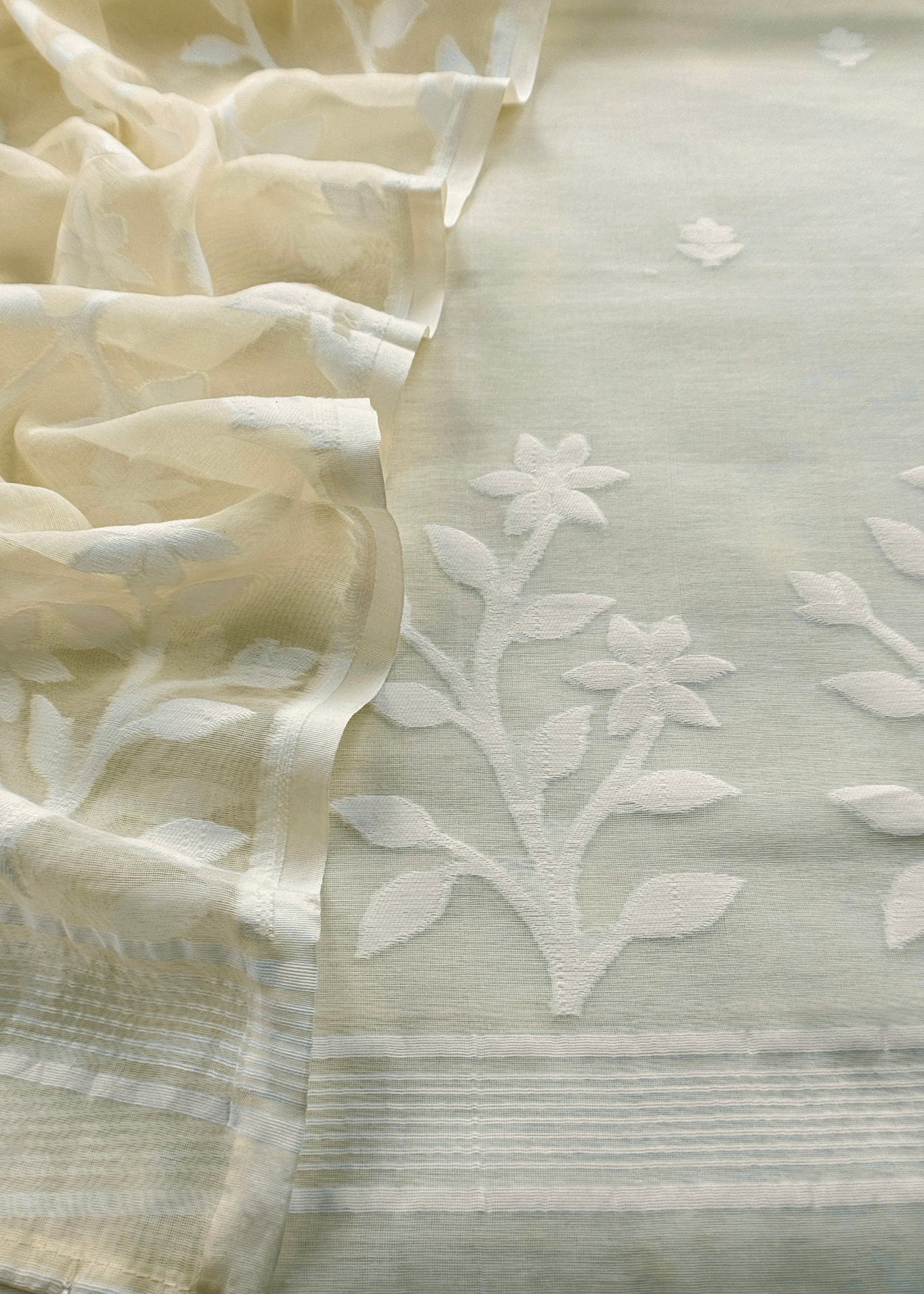 White Pure Linen Suit Fabric With Needle Jamdani Weaving Handmade On Loom