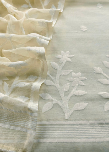 White Pure Linen Suit Fabric With Needle Jamdani Weaving Handmade On Loom