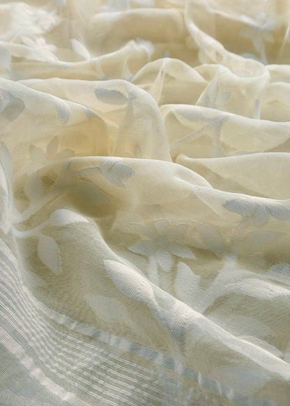 White Pure Linen Suit Fabric With Needle Jamdani Weaving Handmade On Loom
