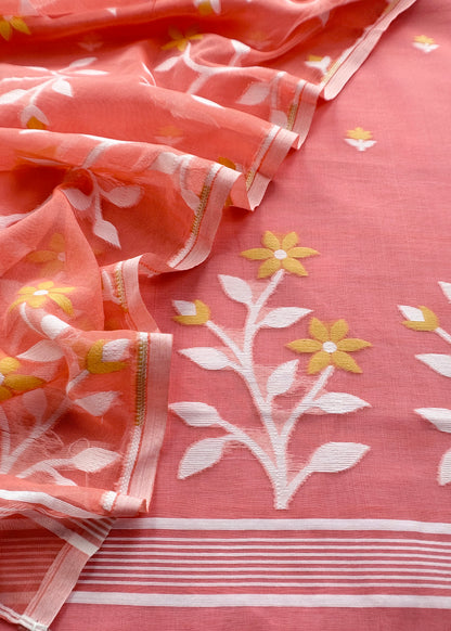 Peach Pure Linen Suit Fabric With Needle Jamdani Weaving Handmade On Loom