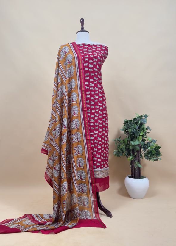 Red pichwai Maheshwari Silk Unstitched Suit With Natraj Kalamkari Dupatta