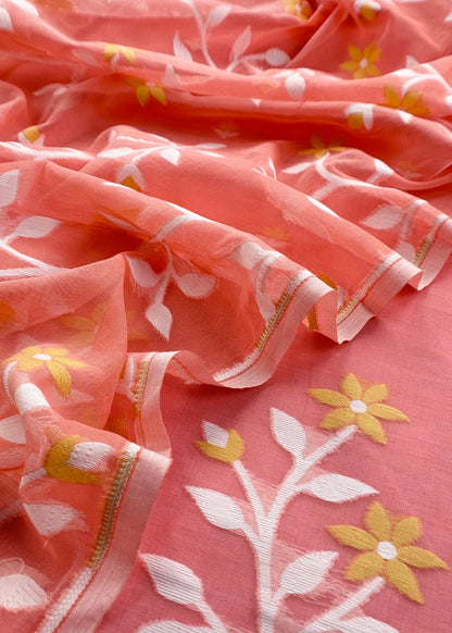 Peach Pure Linen Suit Fabric With Needle Jamdani Weaving Handmade On Loom