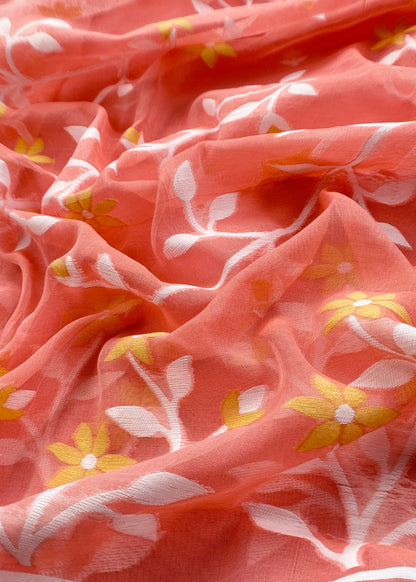 Peach Pure Linen Suit Fabric With Needle Jamdani Weaving Handmade On Loom