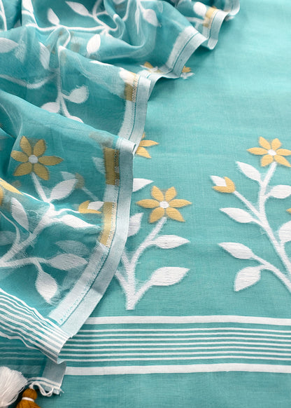 Teal Blue Pure Linen Suit Fabric With Needle Jamdani Weaving Handmade On Loom