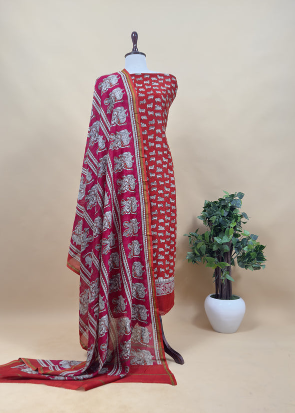 Red pichwai Maheshwari Silk Unstitched Suit With Natraj Kalamkari Dupatta
