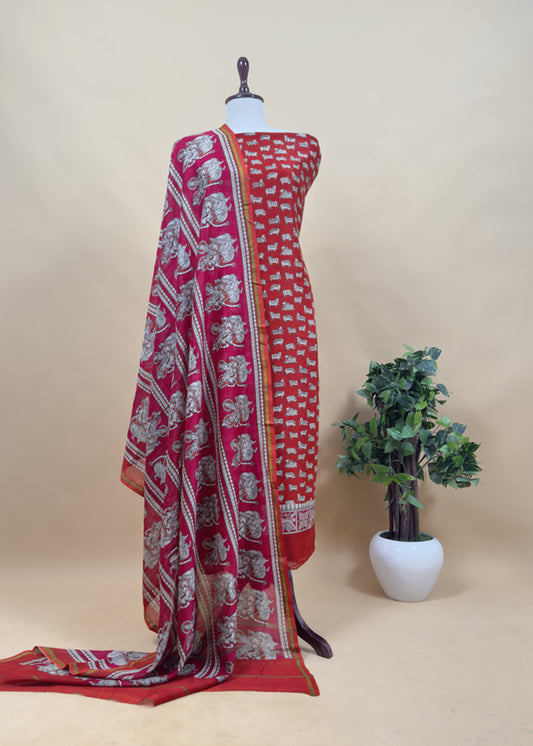 Red pichwai Maheshwari Silk Unstitched Suit With Natraj Kalamkari Dupatta