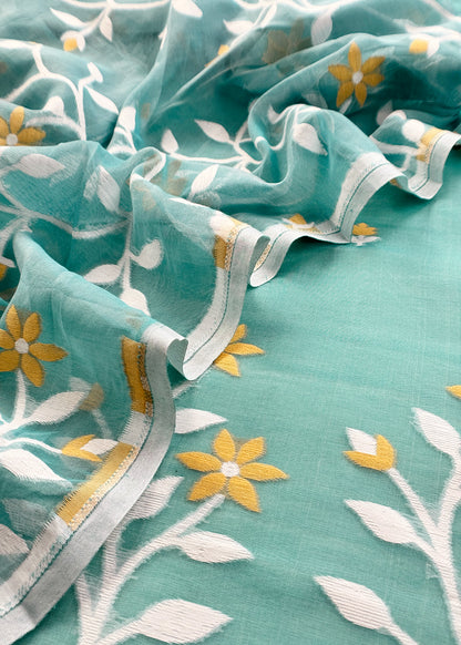 Teal Blue Pure Linen Suit Fabric With Needle Jamdani Weaving Handmade On Loom