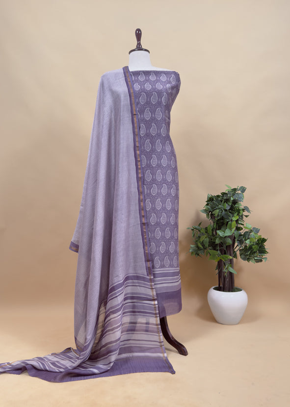 Purple Block Print Maheshwari Silk Unstitched Suit With Dupatta