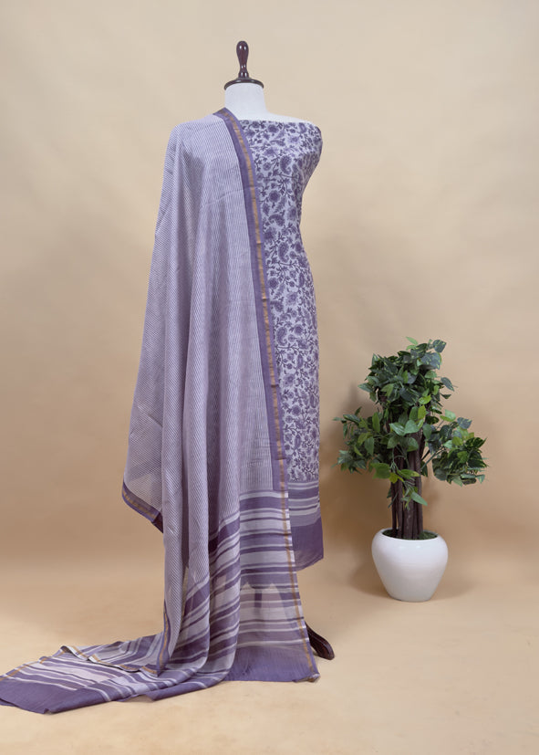 Purple Block Print Maheshwari Silk Unstitched Suit With Dupatta
