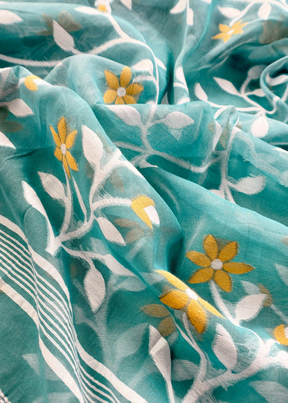 Teal Blue Pure Linen Suit Fabric With Needle Jamdani Weaving Handmade On Loom