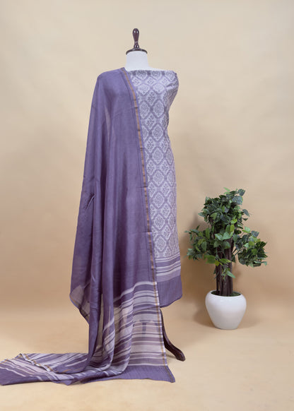 Purple Block Print Maheshwari Silk Unstitched Suit With Dupatta