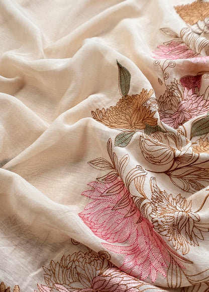 Off White Handloom Mulmul Unstitched With Cross Stitched Embroidery