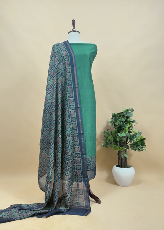 Green Pure Maheshwari Silk Unstitched Suit Fabric With Shikagarh Print