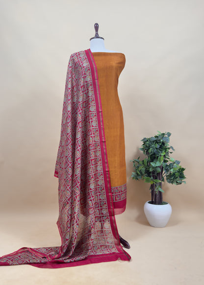 Orange Pure Maheshwari Silk Unstitched Suit Fabric With Shikagarh Print