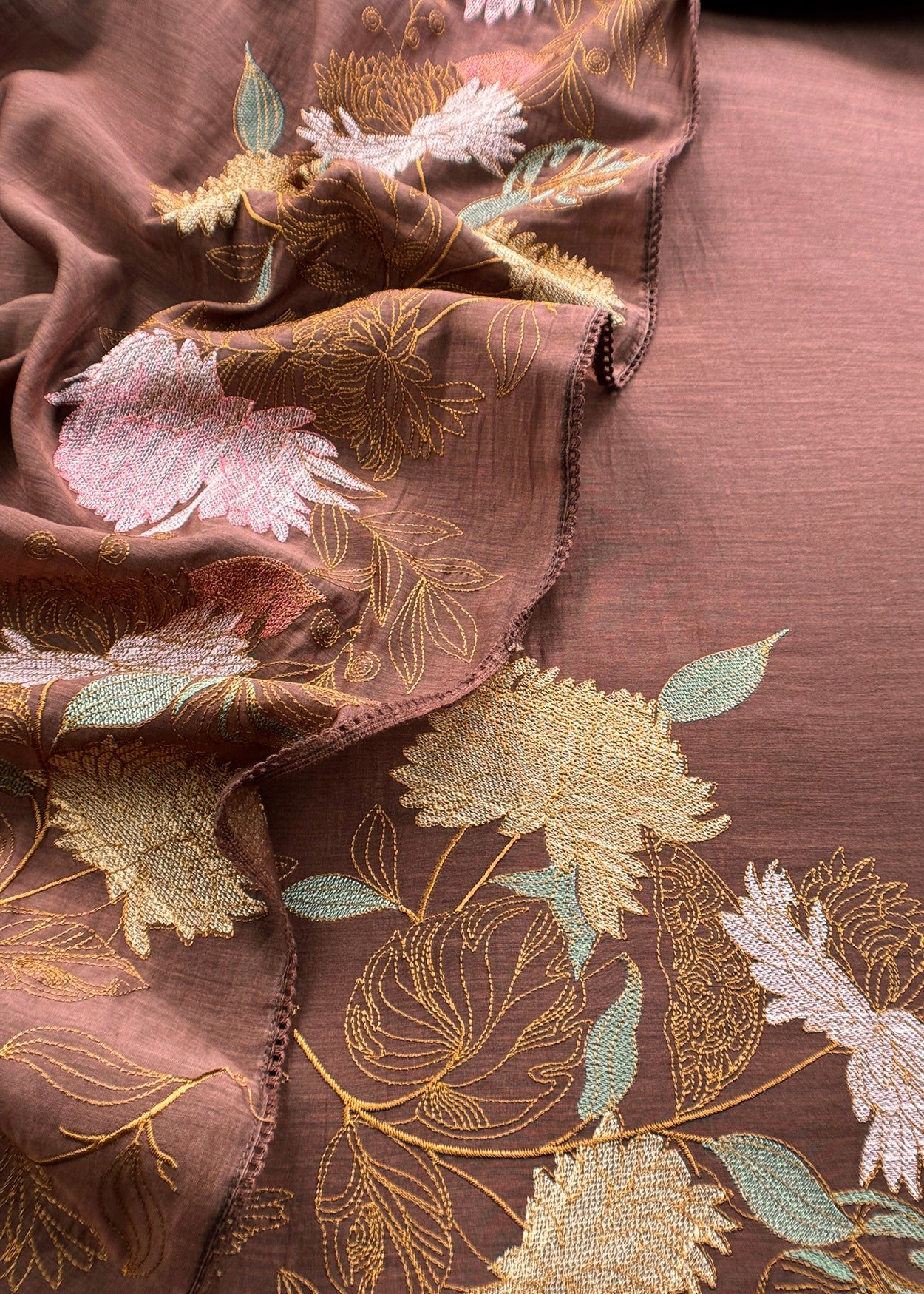 Brown Handloom Mulmul Unstitched With Cross Stitched Embroidery