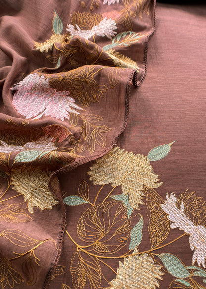 Brown Handloom Mulmul Unstitched With Cross Stitched Embroidery