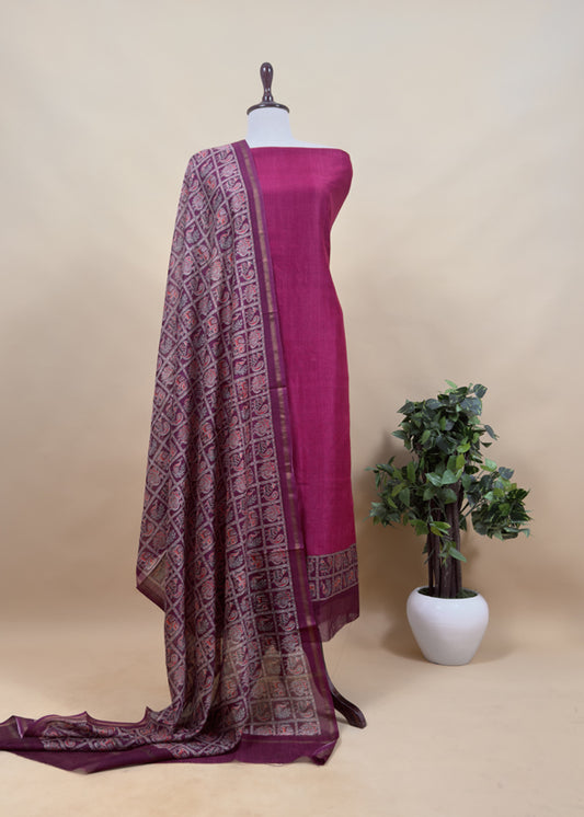 Pink Pure Maheshwari Silk Unstitched Suit Fabric With Shikagarh Print