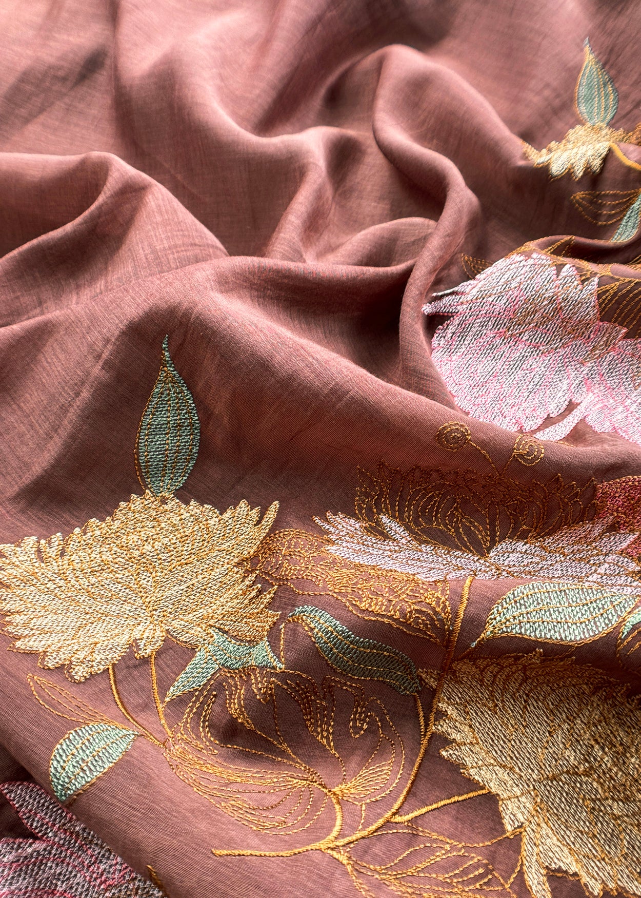 Brown Handloom Mulmul Unstitched With Cross Stitched Embroidery