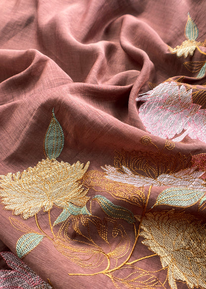Brown Handloom Mulmul Unstitched With Cross Stitched Embroidery